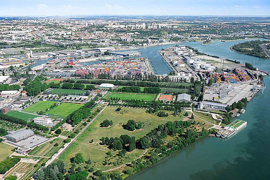 Aerial view of Gerland park and Port Édouard Herriot in Lyon's 7th district