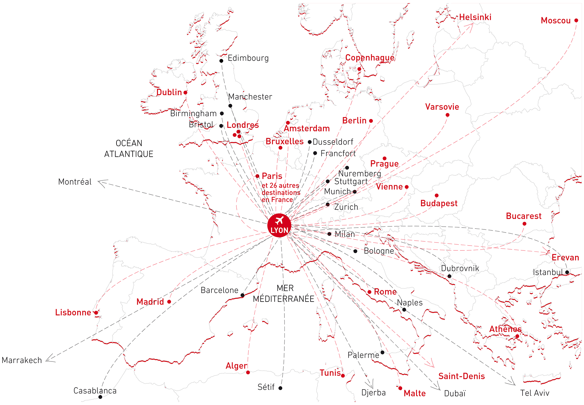 Carte des transports aériens : vols au départ de Lyon (France)