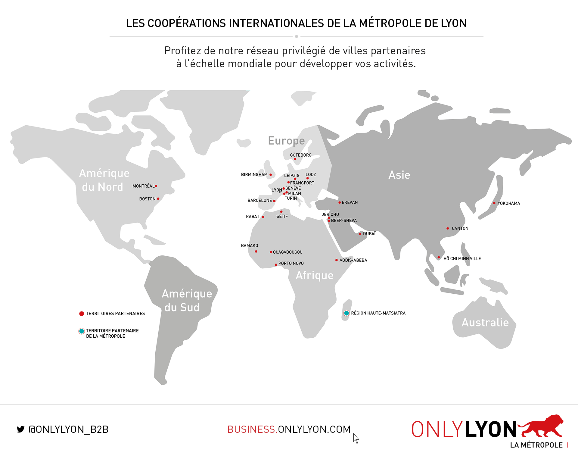 carte des coopérations internationales de la Métropole de Lyon