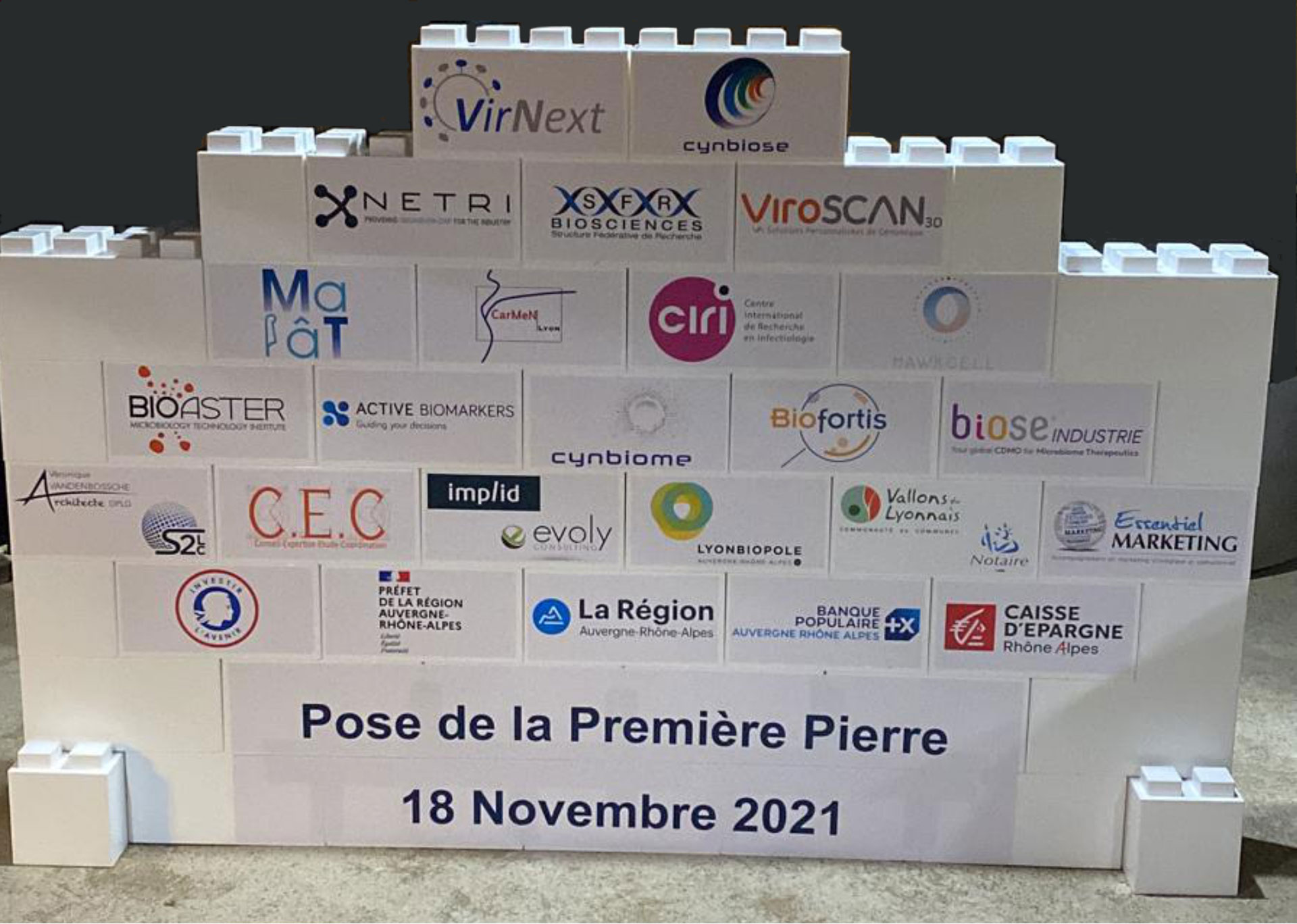 Wall of Cynbiome partners during the groundbreaking ceremony to lay the first stone of Cynbiose’s high-tech facility, on 18 November 2021 in the Lyon area