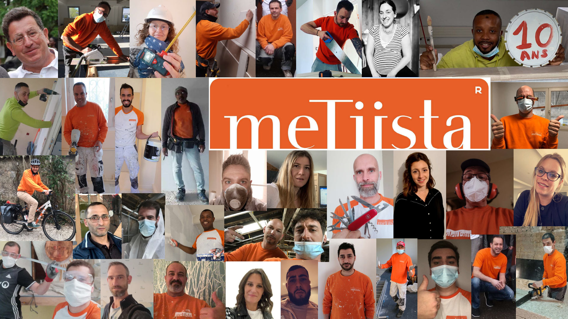 Portraits des collaborateurs et collaboratrices de Metiista. Photo montage réalisé en 2021, à l’occasion des 10 ans de l’entreprise de travaux de rénovation éco-responsable implantée à Craponne (dans la métropole de Lyon)