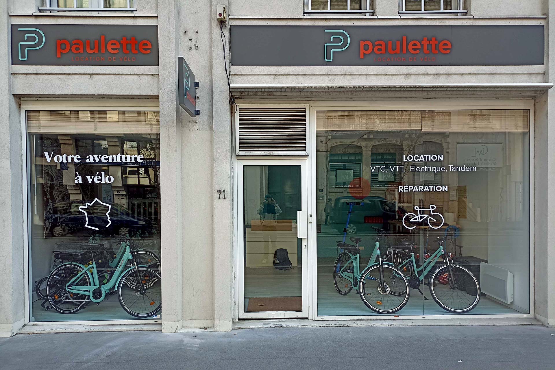 Façade de l’agence de location de vélos Paulette Lyon, installée au 71 cours Lafayette dans le 6e arrondissement de Lyon
