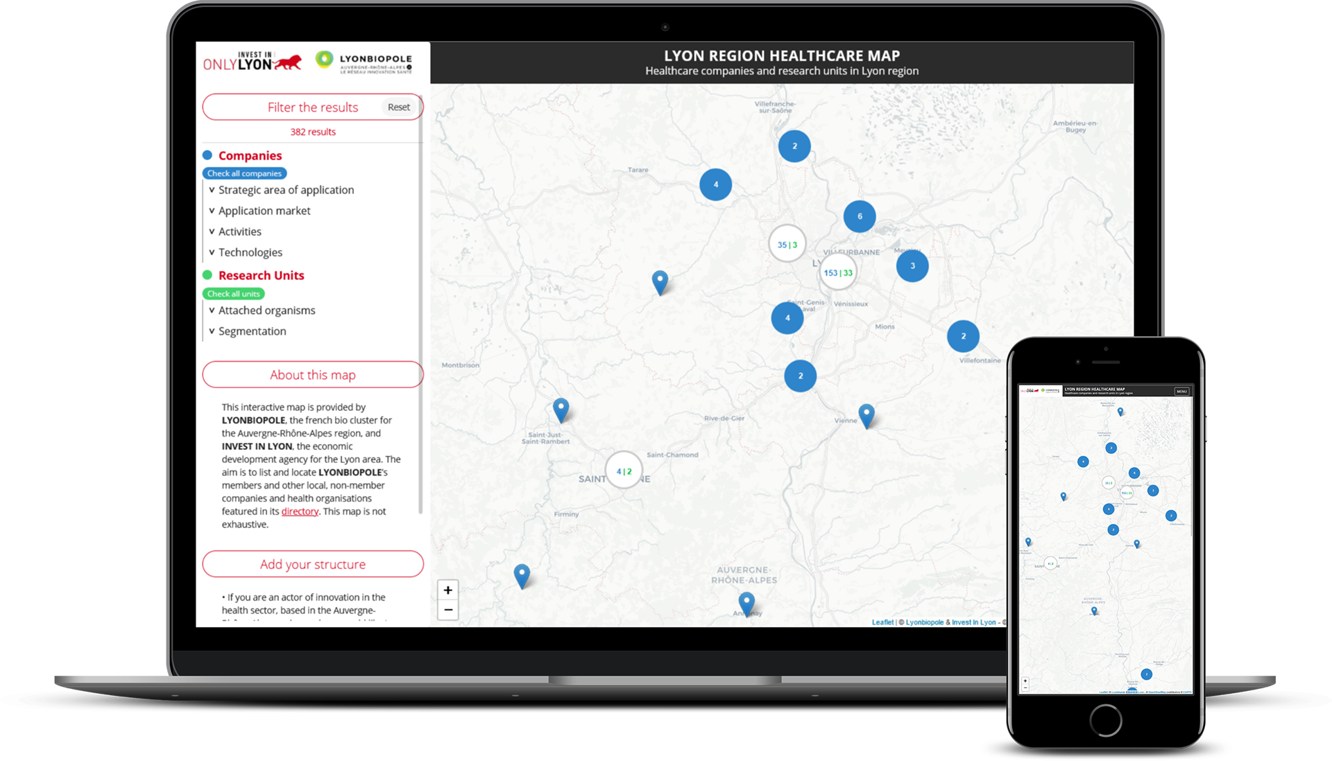 onlylyonhealthcaremap.com, the interactive map of life sciences and healthcare organisations in the Lyon area