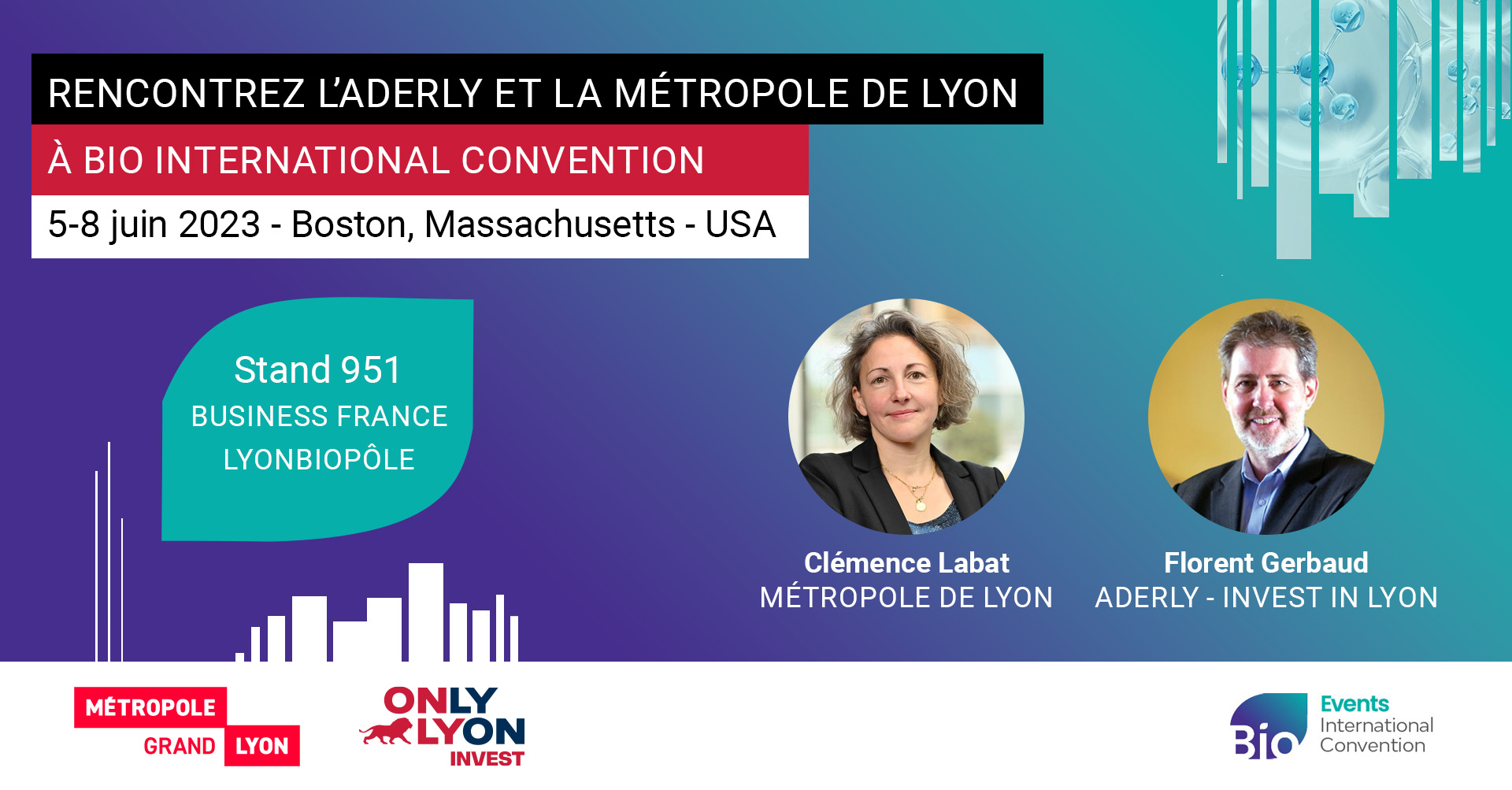 Rencontrez l'Aderly et la Métropole de Lyon à BIO 2023, conférence internationale biotechnologies, industrie pharmaceutique, sciences de la vie, du 5 au 8 juin 2023 à San Diego - États-Unis (version française)