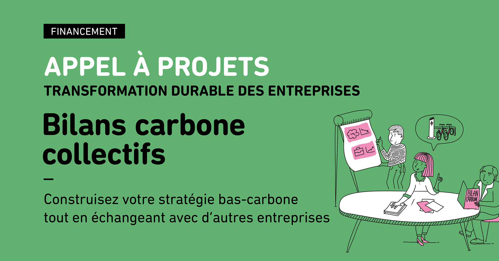 Visuel Appel à projets de la Métropole de Lyon "Transformation durable des entreprises : Bilans carbone collectifs" 2023. Construisez votre stratégie bas-carbone tout en échangeant avec d’autres entreprises, grâce au financement obtenu !